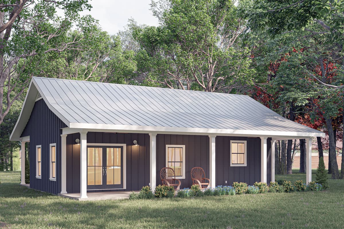 House plan exterior, one-story modern farmhouse with a metal gable roof, covered front porch, and board and batten siding.