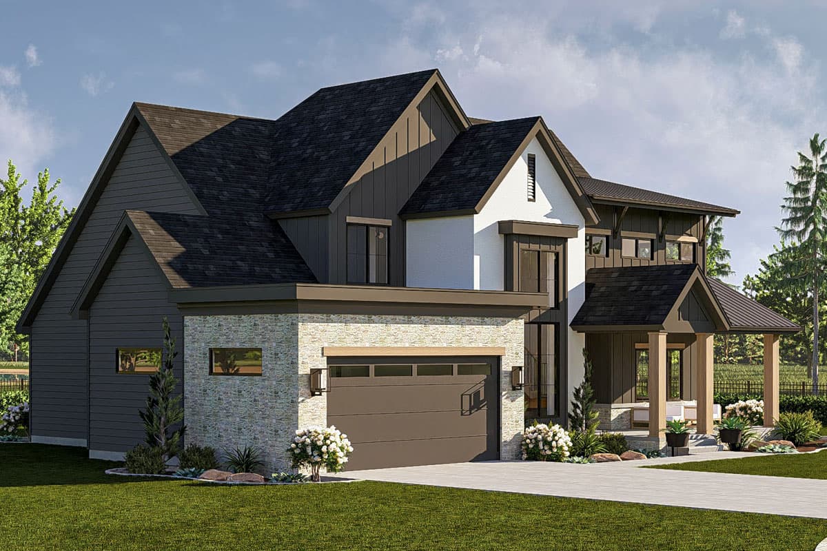 House plan exterior shows a two-story modern home with stone accents, a pitched roof, gabled dormers, and a covered porch.