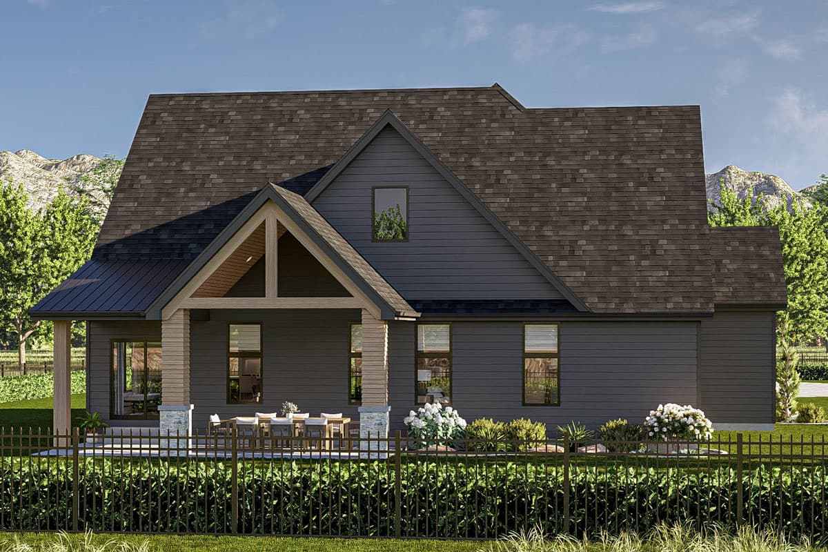 Modern Farmhouse house plan exterior, two stories, covered patio with exposed beams, gabled rooflines, and stone column accents.