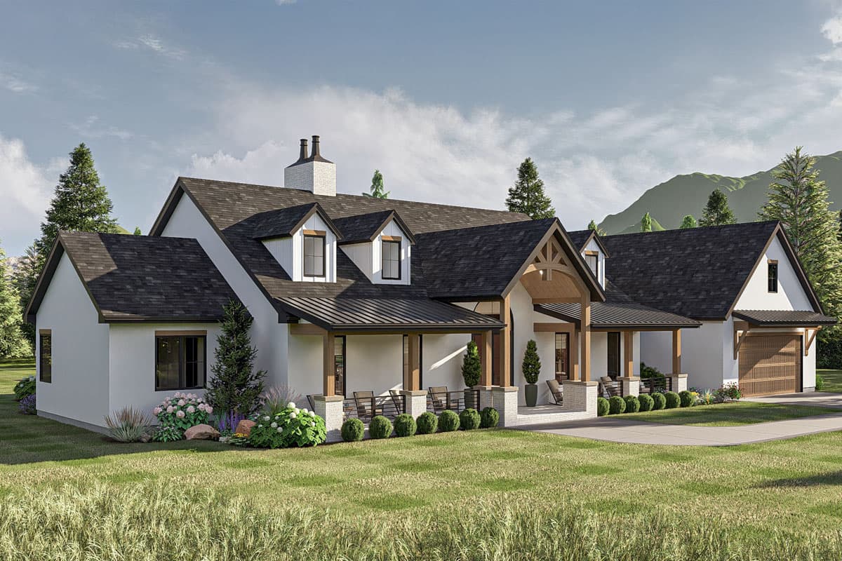 House plan exterior: Modern Farmhouse style, one-story with gabled dormers, a covered porch with exposed beams, and an attached garage.