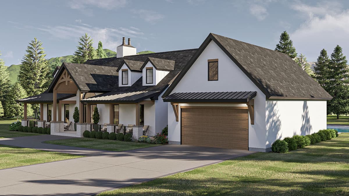 Modern Farmhouse house plan exterior with wrap-around porch, dormers, gable roof, and attached garage.