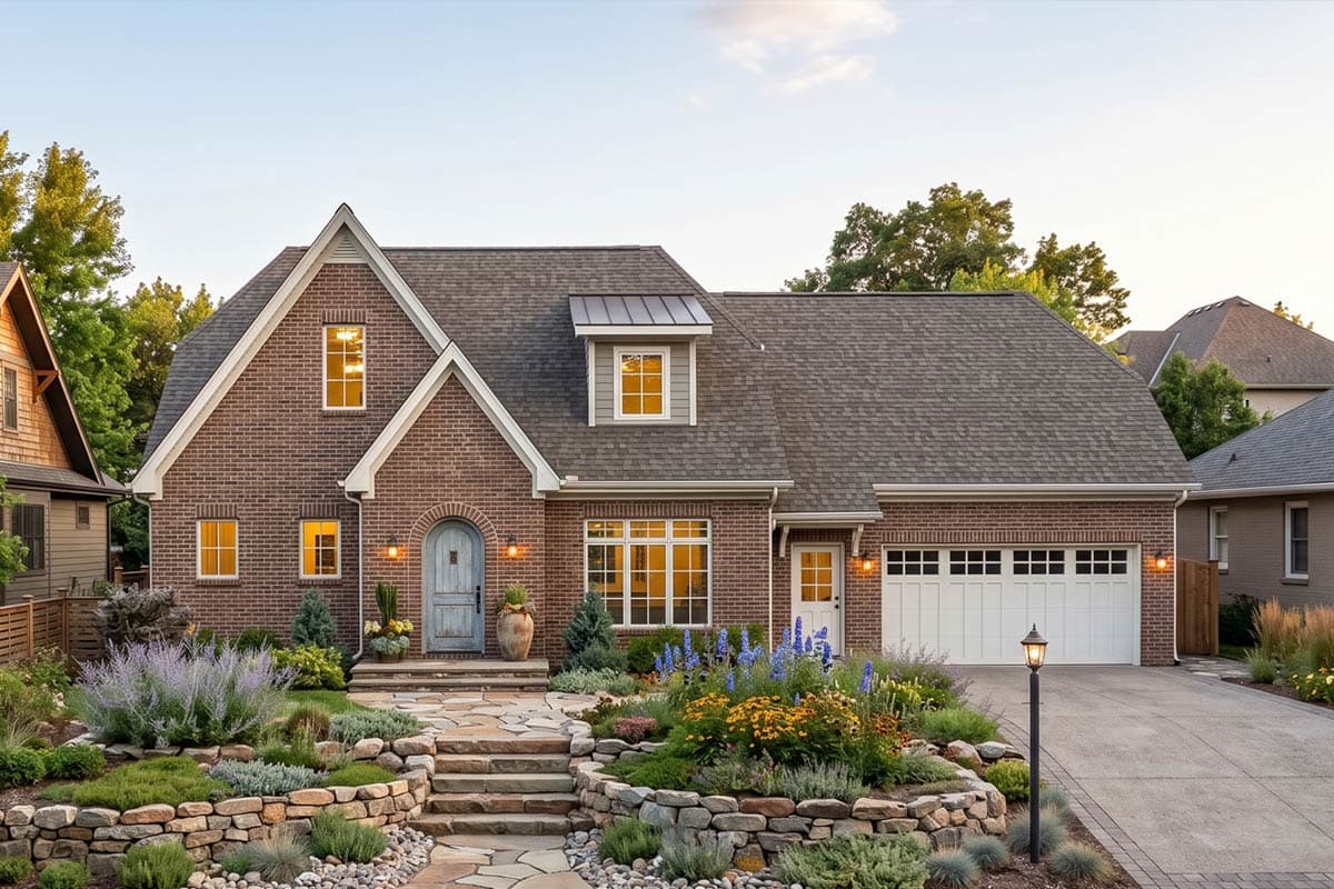 House plan exterior featuring brick facade, arched entryway, dormer, and attached garage with multi-pane door.
