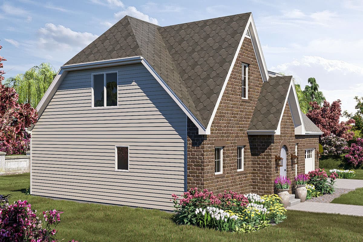 House plan exterior showing a two-story home with vinyl siding, brick facade, gable roof, and prominent gables.