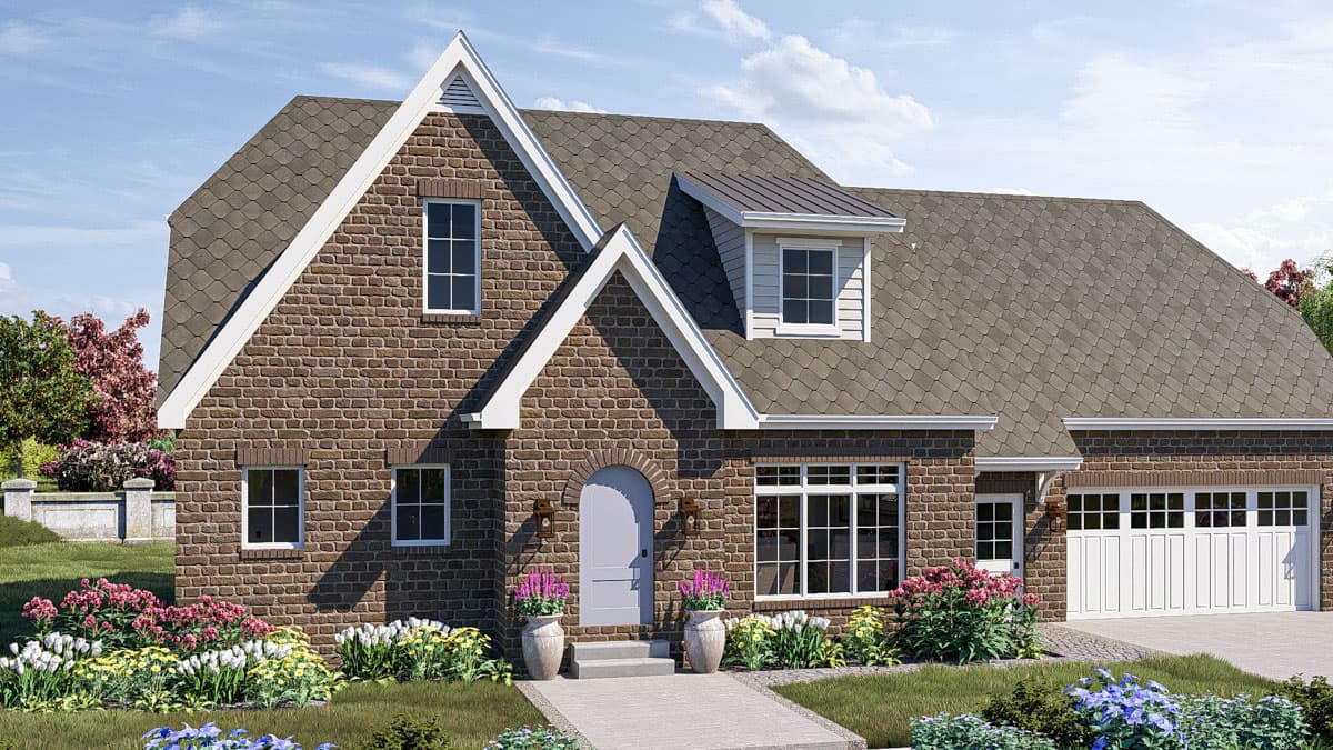 House plan exterior: Two-story brick home with prominent gables, dormer, arched entryway, and attached two-car garage.