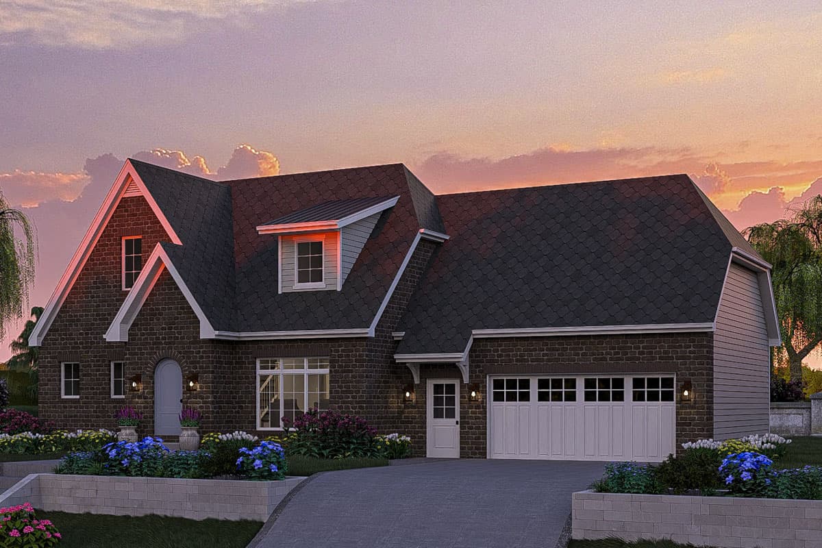 House plan exterior with brick facade, steep gables, dormer, and attached two-car garage.