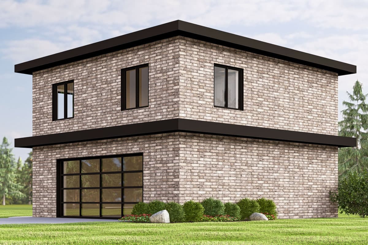 Two-story house plan exterior with light brick facade, black trim, two upper windows, and a glass garage door.