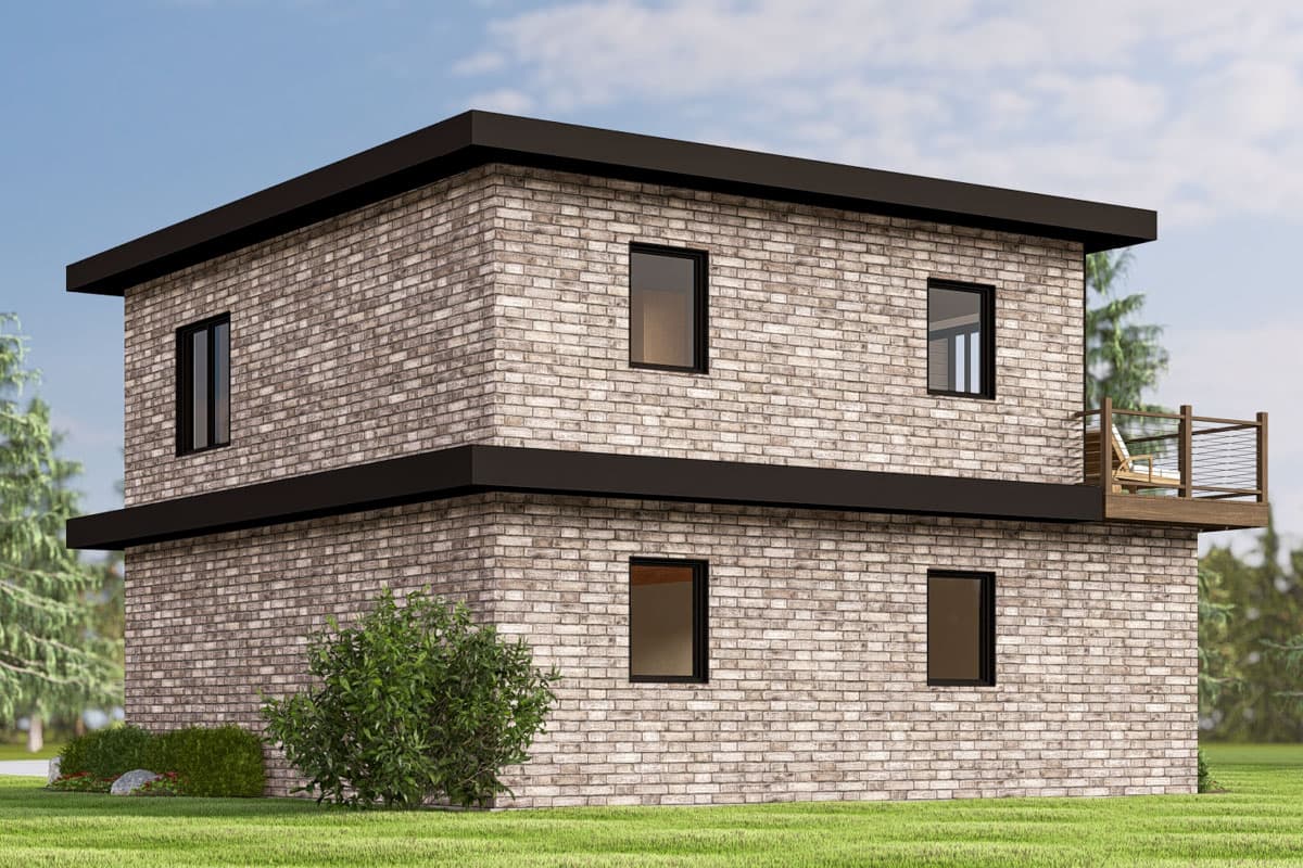 Two-story house plan exterior with light brick facade, dark soffits, and a second-story balcony.