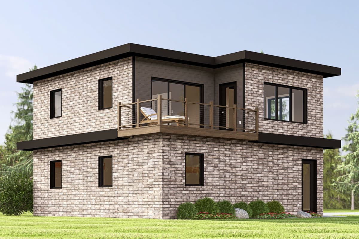 Two-story modern house plan exterior with light brick facade, dark flat roof, and second-story balcony with wooden deck.