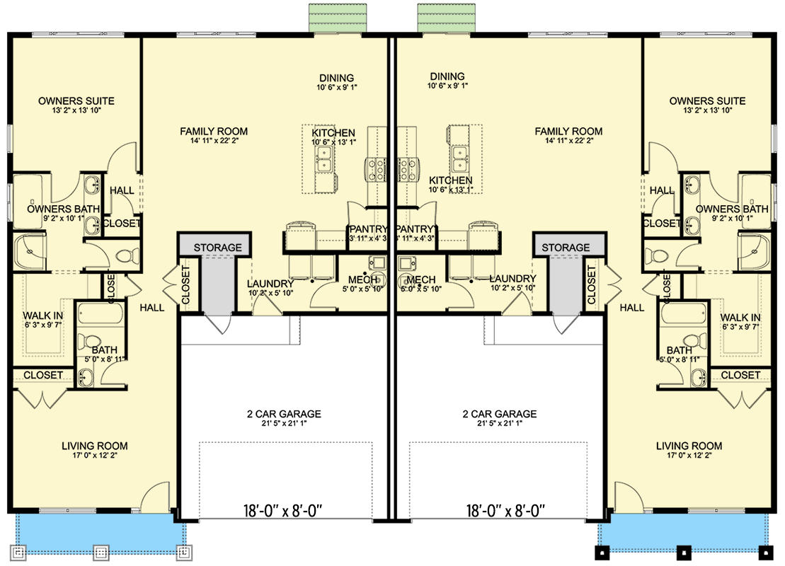 Plan 61591UT: Single-Story Multi-Family House Plan with 1-Bed Units - 1543 Sq Ft Per Unit - Floor Plan - Main Level - Craftsman, Ranch, Traditional