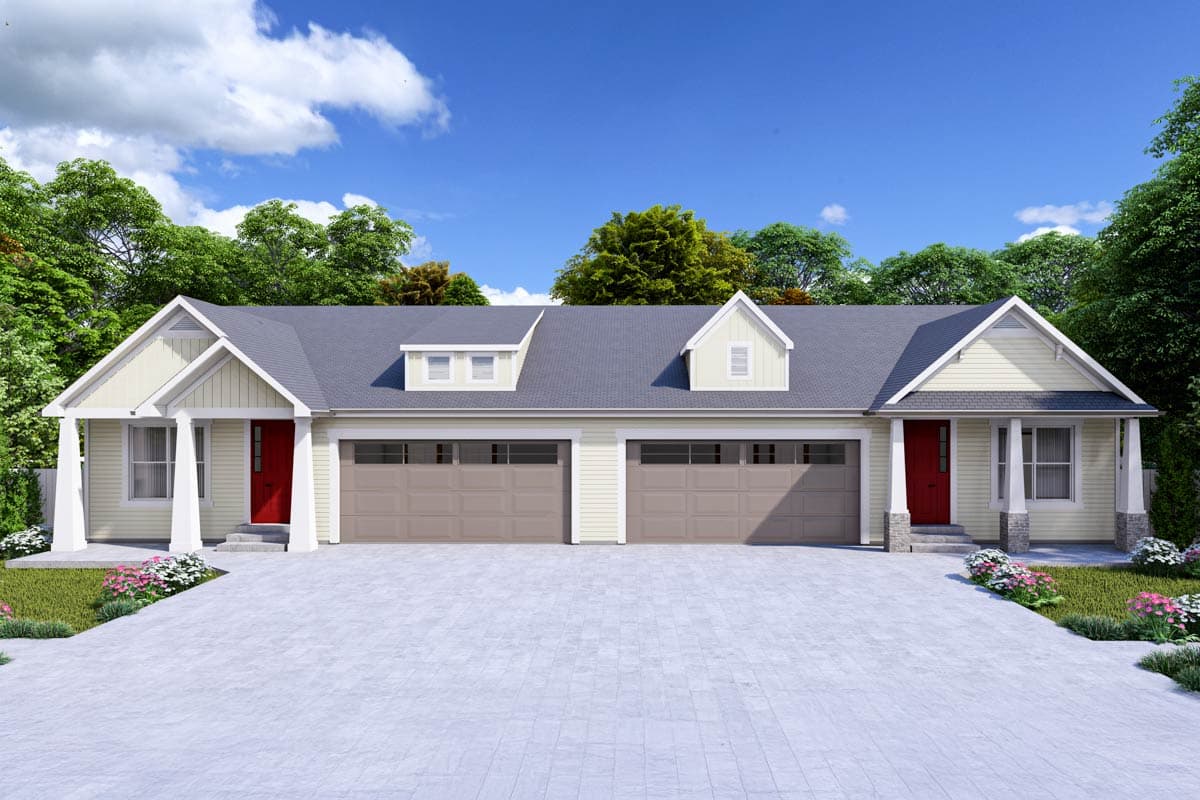 House plan exterior. Ranch style with a low-pitched roof, two dormers, and a two-car garage. Features include front porch and gables.