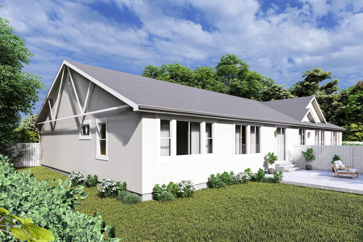 House plan exterior: Single-story Modern Ranch with gabled roof, wide eaves, and decorative truss detail on front gable.