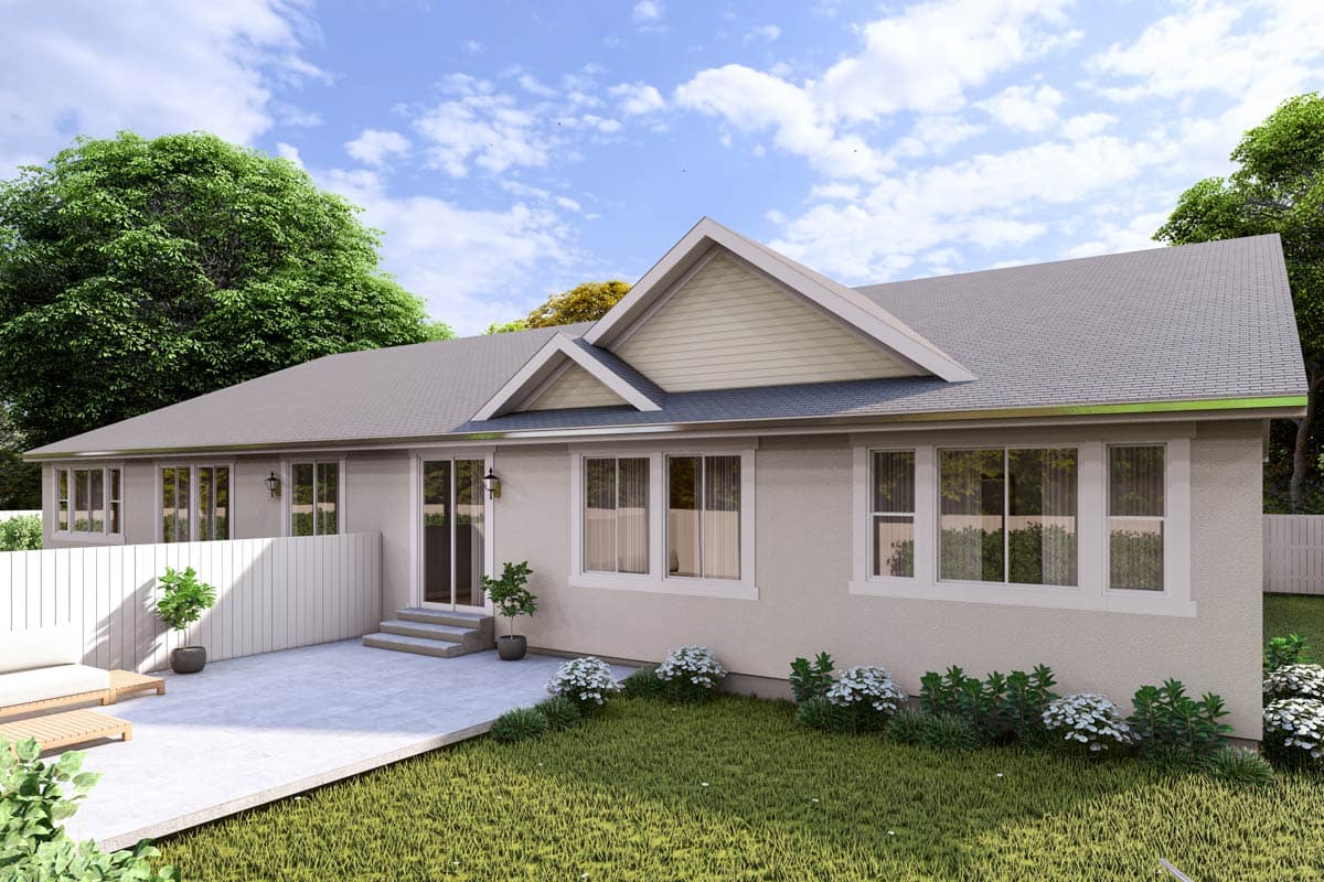 House plan exterior: single-story home with a hip roof, prominent gables, and a patio with a white fence.