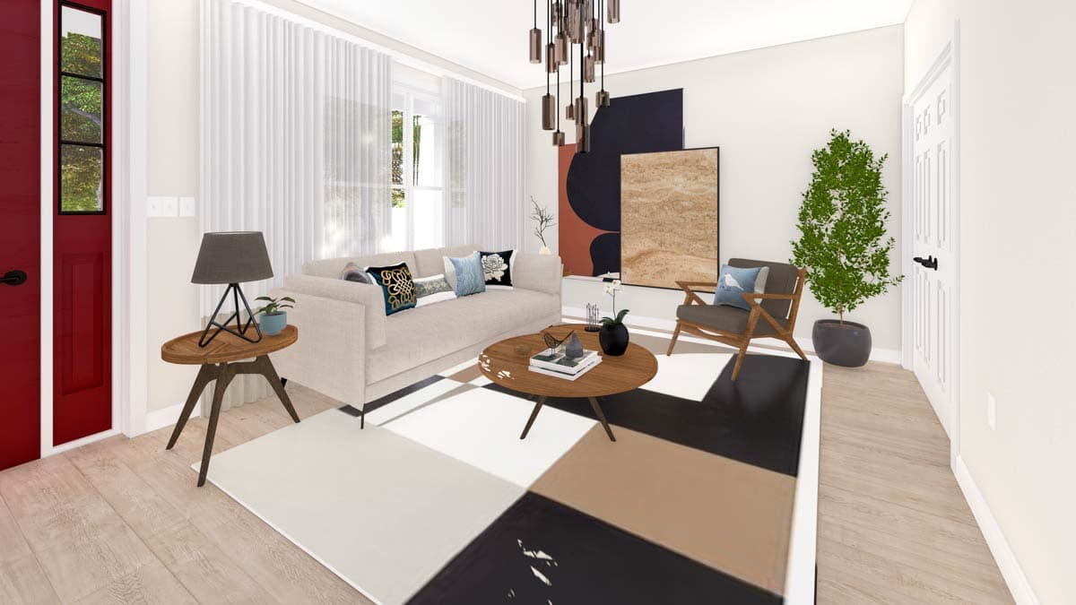 Living room rendering with a sofa, coffee table, accent chair, and a red door.