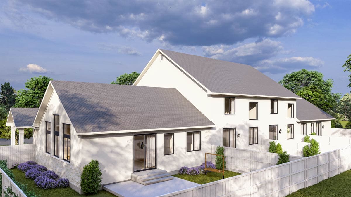 Modern Farmhouse style house plan exterior, two stories, with gabled roofs, multiple windows, and a white picket fence.