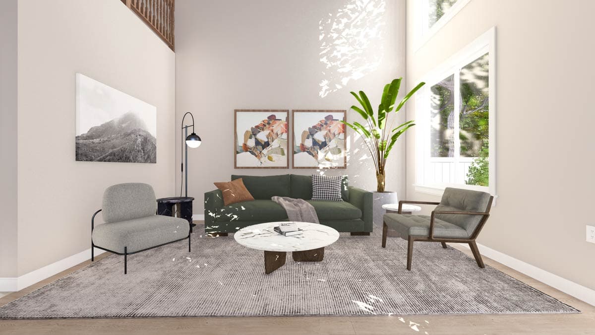 Interior rendering of a living room with a vaulted ceiling, large windows, and modern furniture.