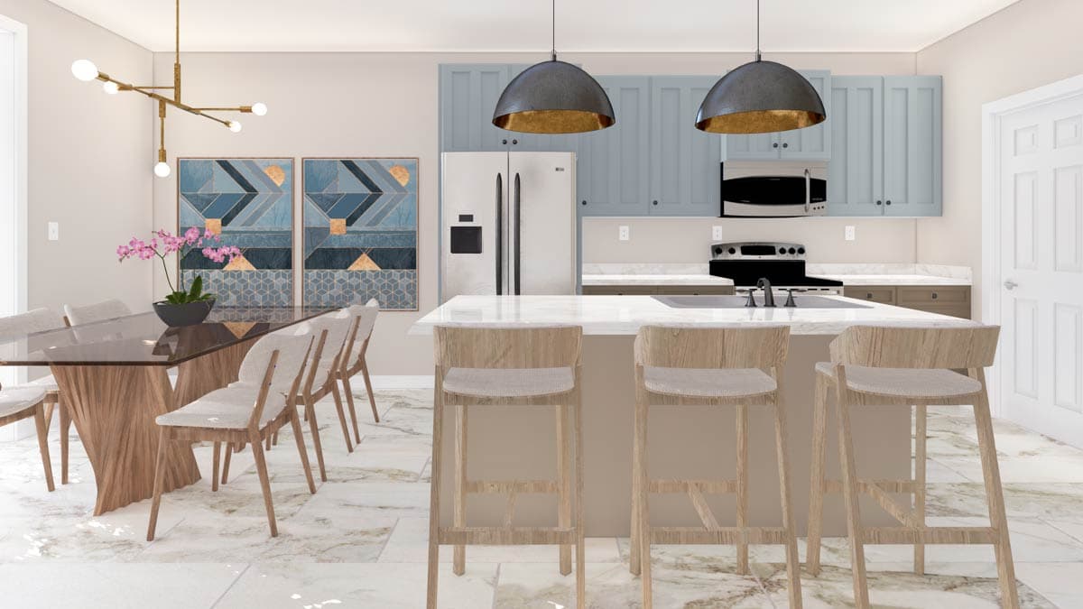 Interior rendering of a kitchen and dining area with an island, light blue cabinets, stainless steel refrigerator, and dining table.