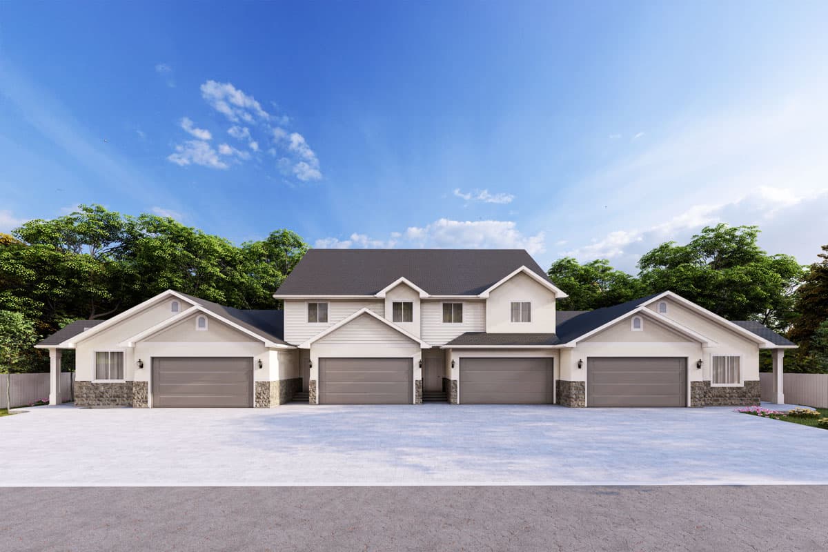 House plan exterior. Two-story with multiple attached units. Features include multiple gabled roofs, garage doors, and stone accents at the base.