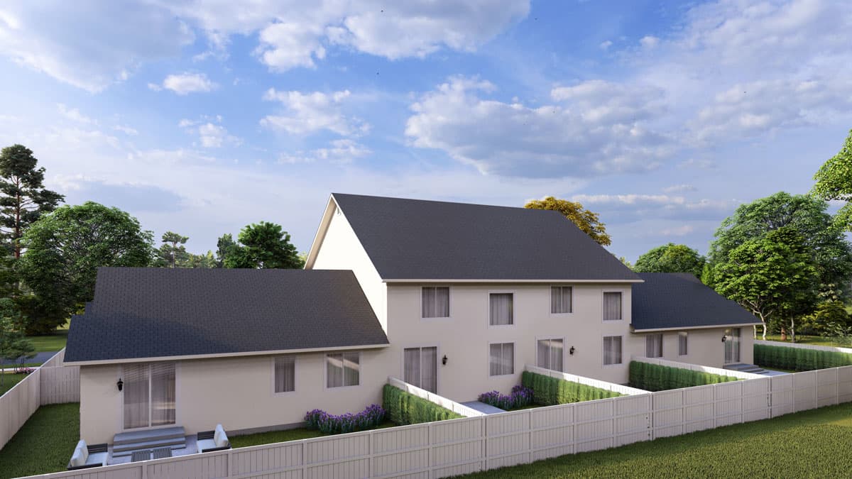 House plan exterior, two-story modern home with intersecting gables and multiple sliding glass doors.