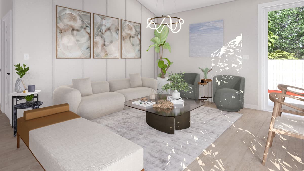 Living room rendering with sectional sofa, glass coffee table, accent chairs, and artwork.