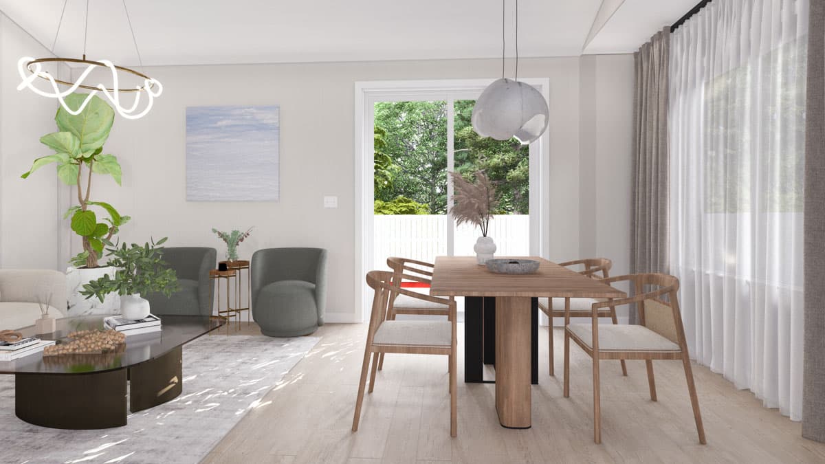 Modern dining and living room with large windows, contemporary furniture including a dining table with chairs and a sectional sofa.