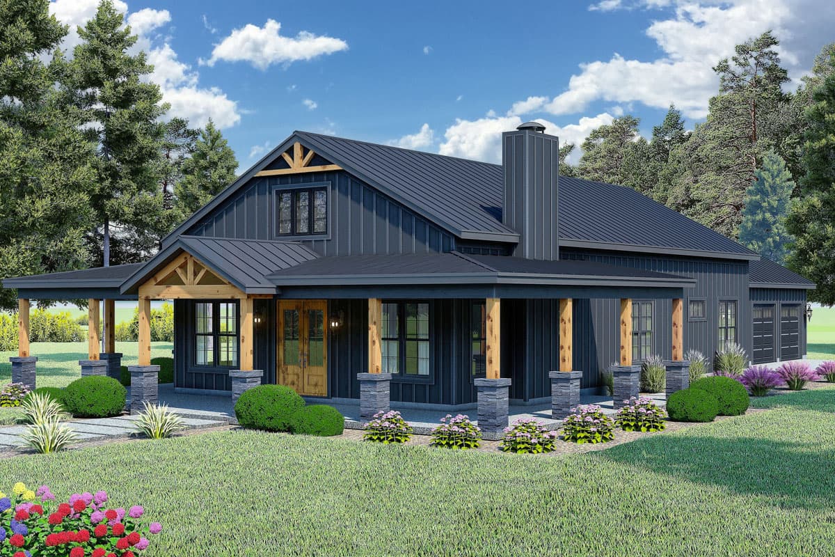 House plan exterior. Modern farmhouse style with gabled roof, covered porch with exposed timber supports, and attached garage. Two stories.
