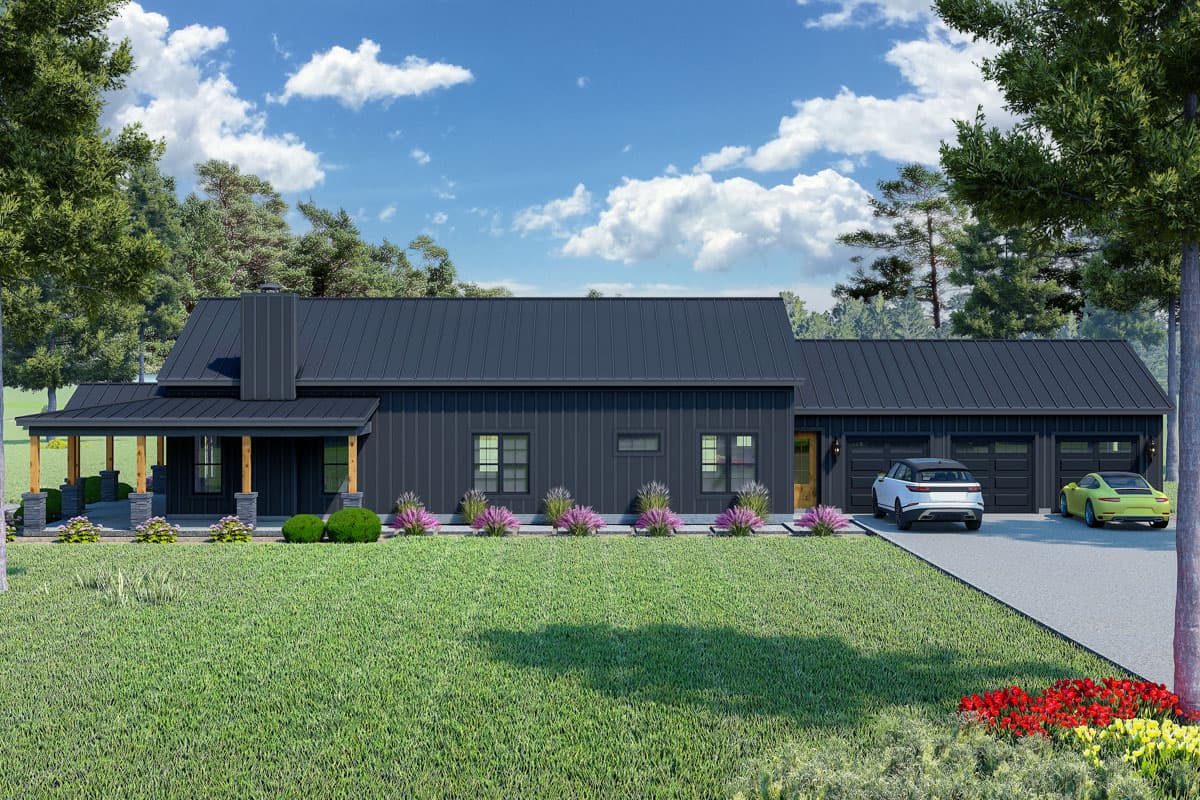 Modern Farmhouse style house plan exterior with a covered front porch, standing seam metal roof, and a three-car garage.