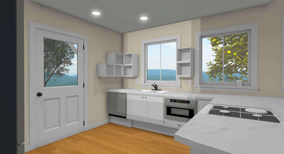Interior rendering of a kitchen with a dishwasher, sink, microwave, and stovetop island. Features include white cabinetry and two windows.