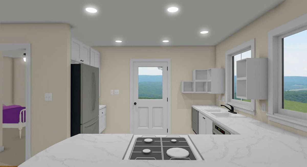 Kitchen rendering with island cooktop, stainless steel refrigerator, white cabinetry, and exterior door with scenic view.