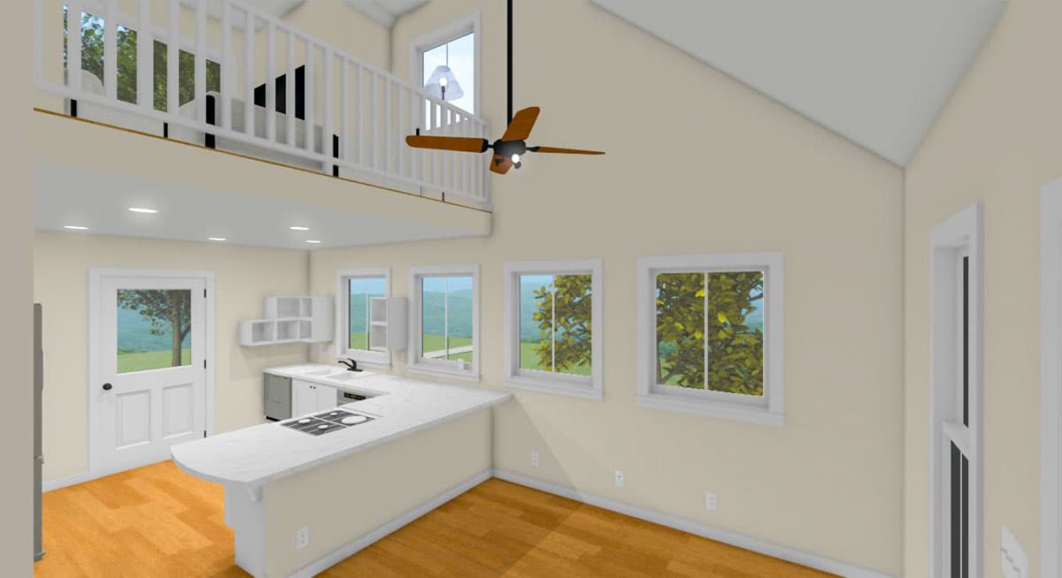 Interior rendering: kitchen and great room with vaulted ceiling, mezzanine, island with cooktop, and multiple windows.