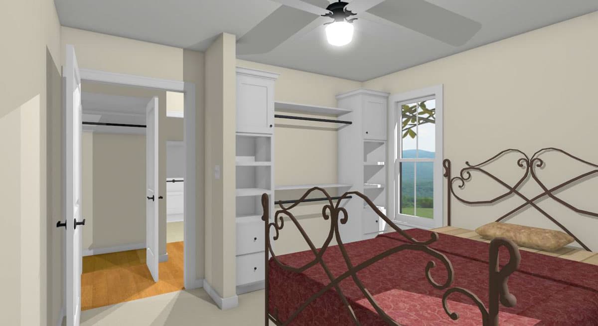 Plan 430835SNG: 2-Bed Cottage House Plan with Two-Story Great Room Under 900 Sq Ft - Image #7 - Cottage, Country, Farmhouse