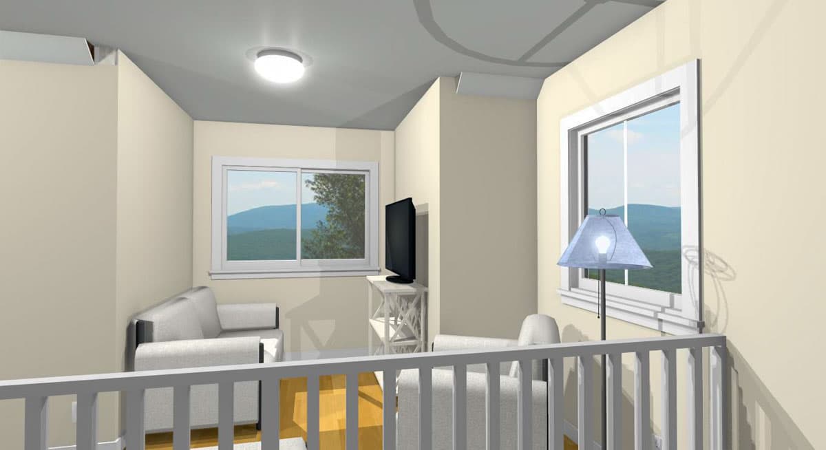 Interior rendering of a room with two sofas, a television, and a floor lamp, featuring large windows overlooking mountains.