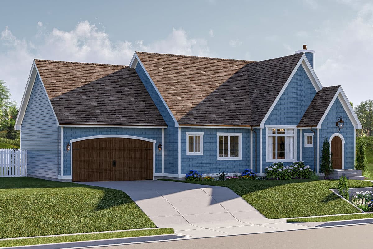 House plan exterior: Blue siding, gabled roof, attached two-car garage with arched door, prominent dormer with arched entry.