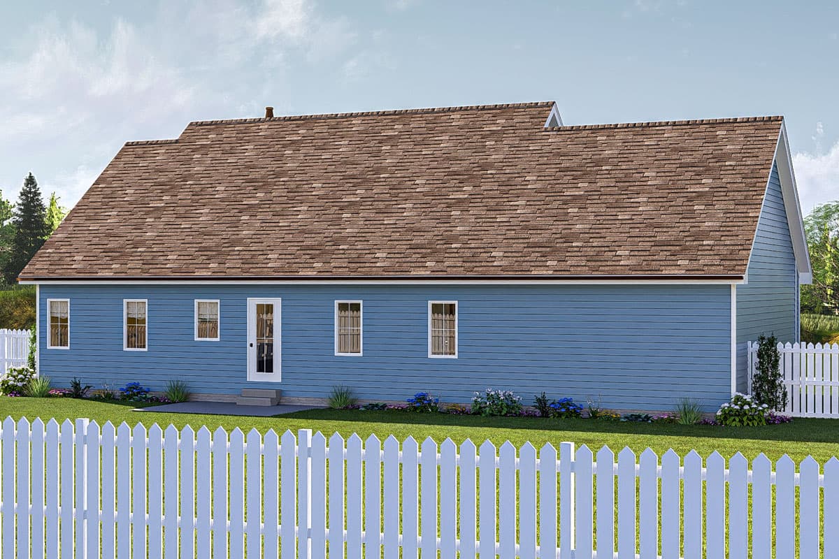 House plan exterior: Single-story ranch with a gabled roof, blue siding, and a central door with windows.