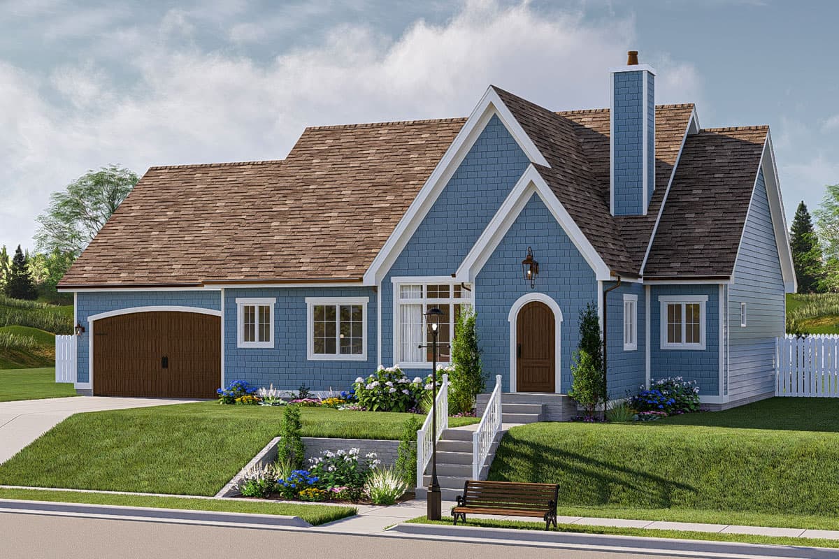 House plan exterior featuring a steeply pitched roof, arched garage door, gables, and prominent chimney.