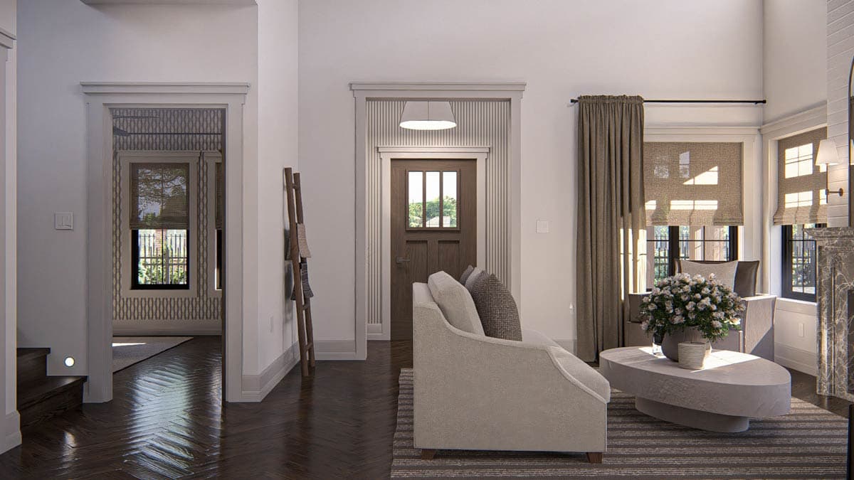 Interior rendering of a living room with a fireplace, sectional sofa, stone coffee table, and paneled front door.