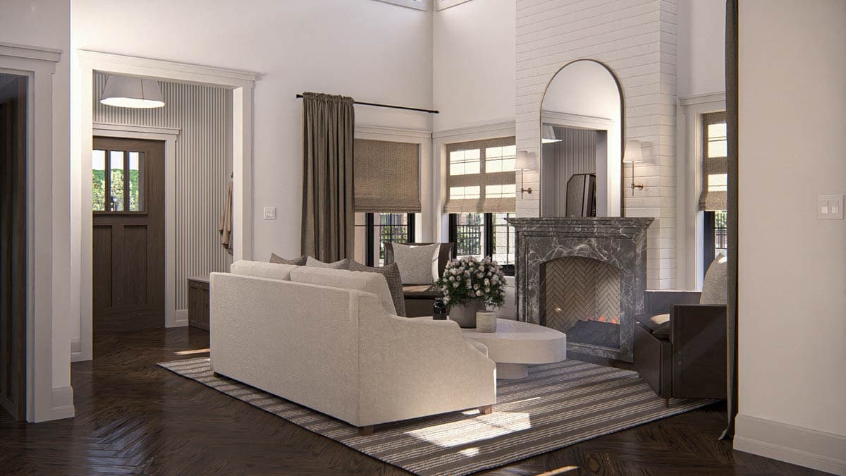 Interior rendering of a living room with a fireplace, sofa, and a wood-paneled entryway.