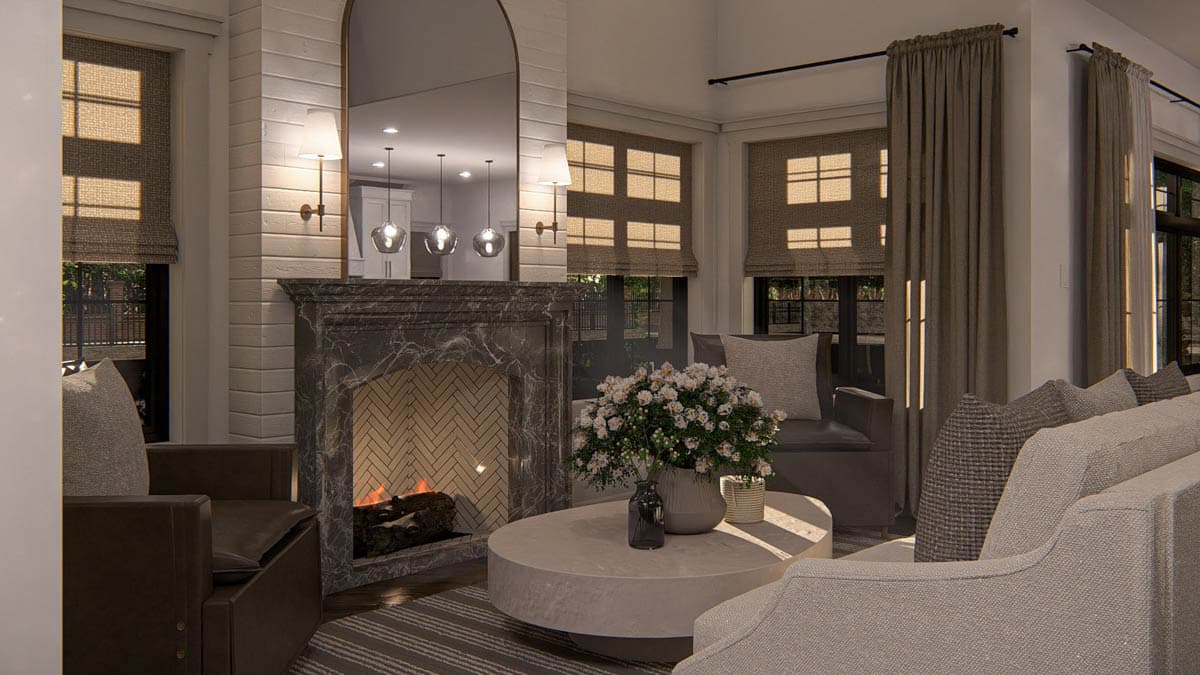 Living room interior rendering with fireplace, marble surround, herringbone tile, and large windows with Roman shades.