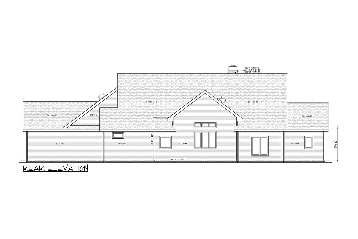 Rear elevation house plan with gable roof, siding, and multiple windows.