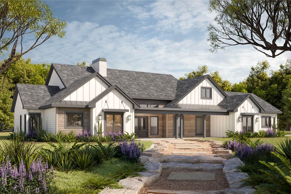 House plan exterior. Modern farmhouse style with gabled roof, board and batten siding, and a covered porch. Single-story design.