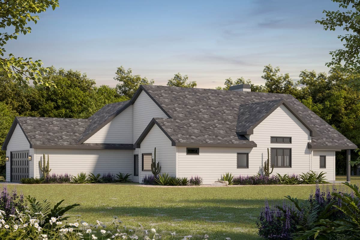 Modern Farmhouse style house plan exterior with a side-entry garage, gables, and varied rooflines.