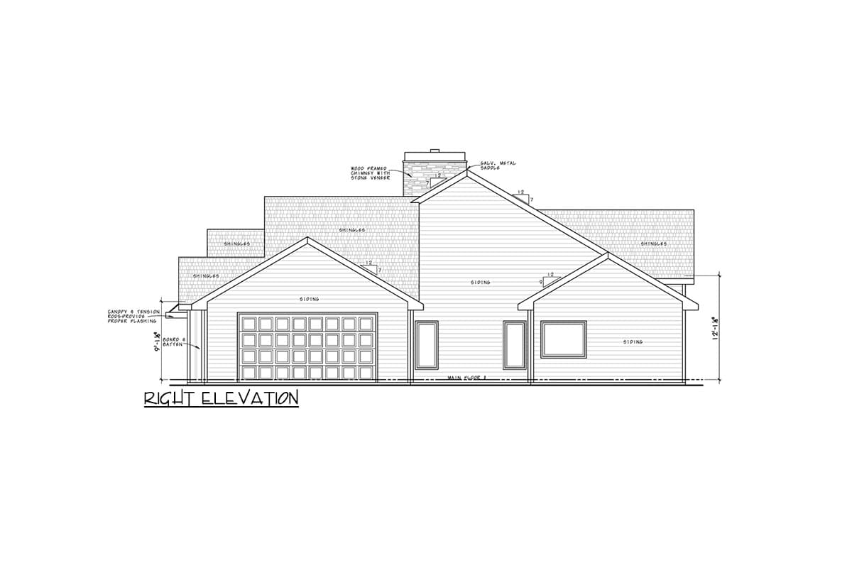 Right elevation house plan drawing showing a garage, siding, stone veneer chimney, and multiple roof lines with shingles.