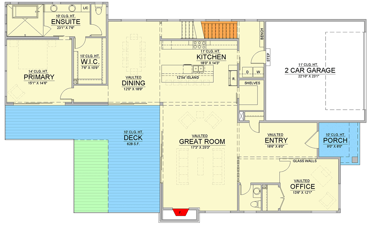 Plan 365053PED: Two-Story Contemporary House Plan with Vaulted Home Office - 4714 Sq Ft - Floor Plan - Main Level - Contemporary, Mid Century Modern, Modern