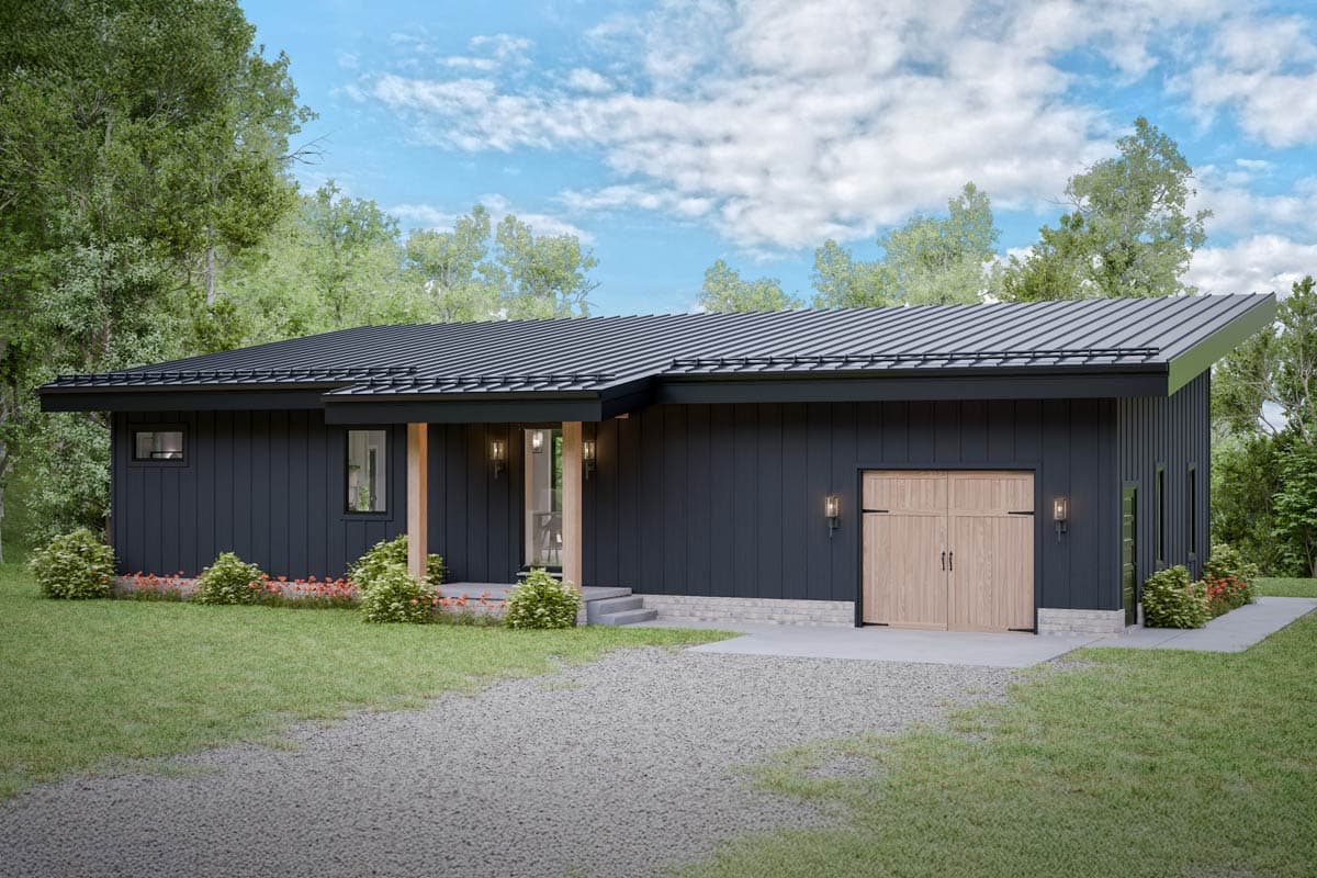 Modern ranch house plan exterior with dark vertical siding, a metal roof, a covered entrance with wood posts, and an attached garage.