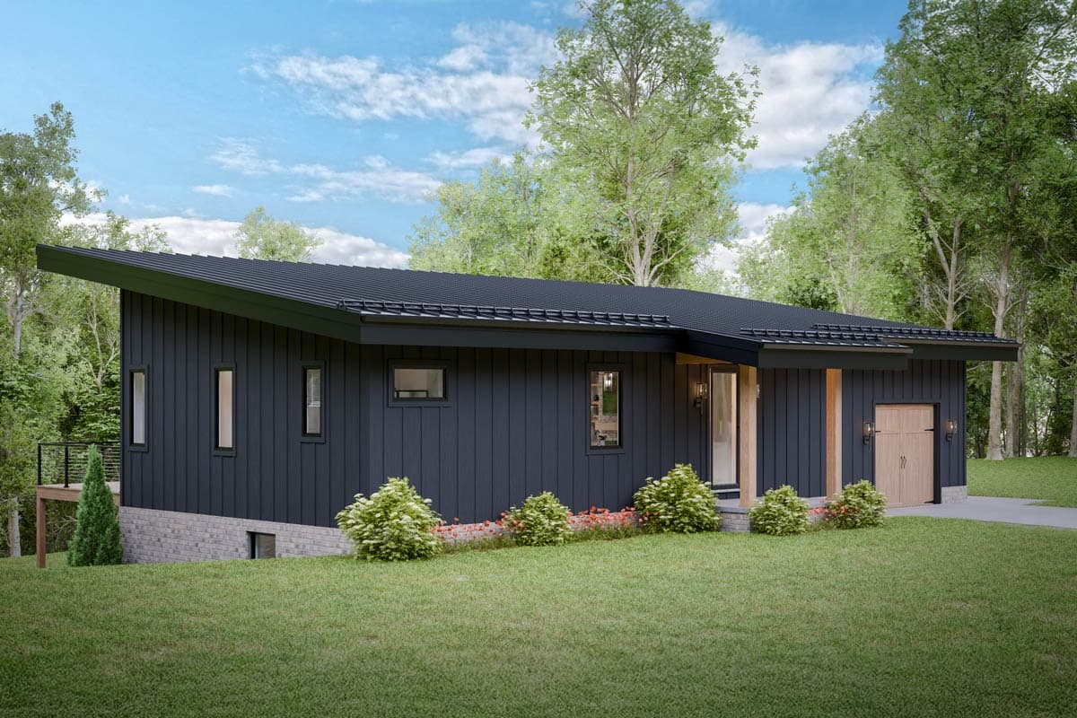 House plan exterior: Modern single-story home with a low-sloped roof, dark vertical siding, and a detached garage.