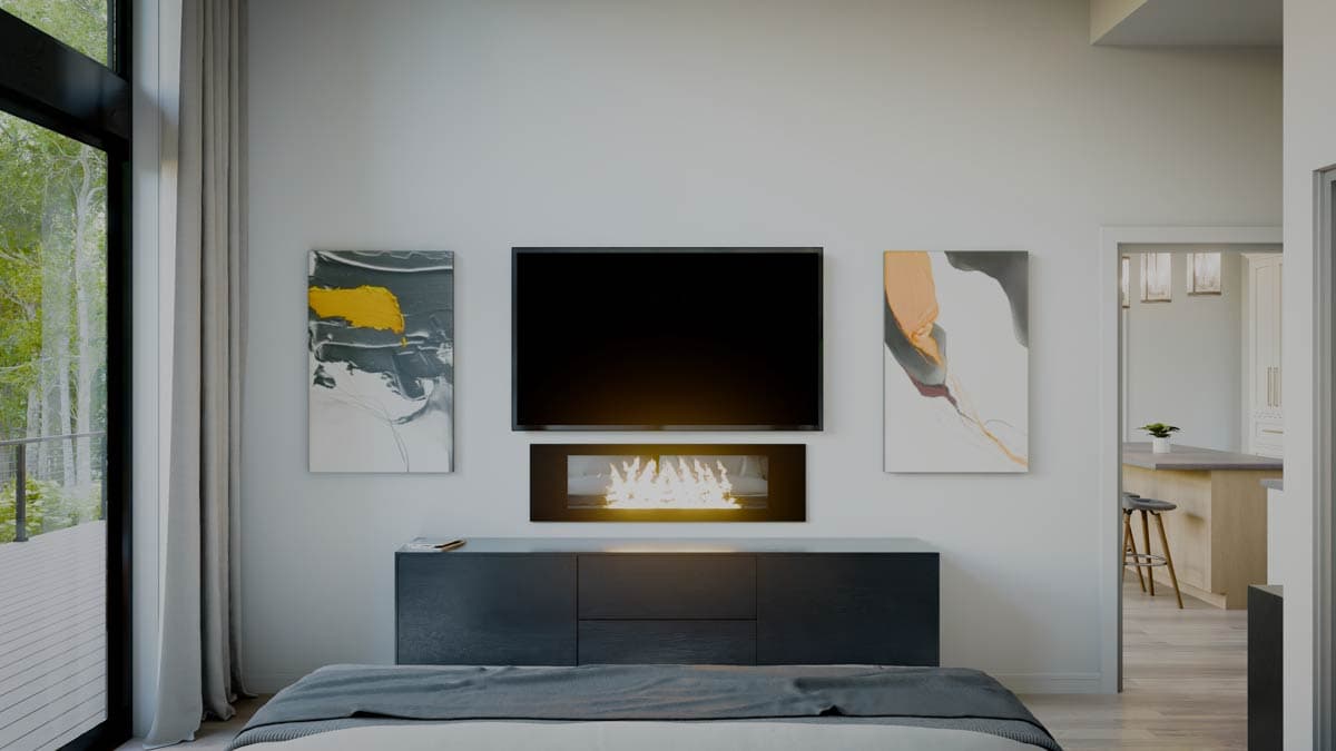 Bedroom rendering with wall-mounted television, modern fireplace, and view to kitchen with island and bar seating.