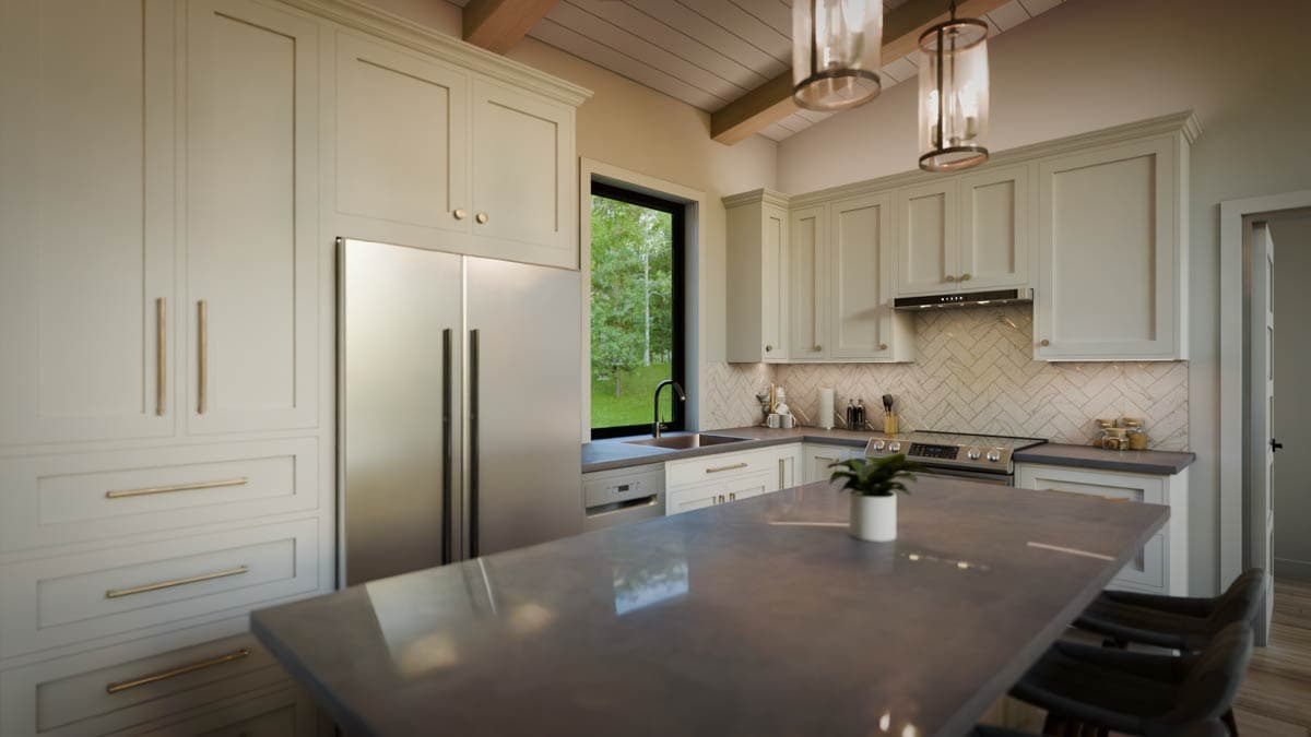Kitchen interior with shaker cabinets, stainless steel appliances, island, vaulted ceiling with exposed beams, and large window.