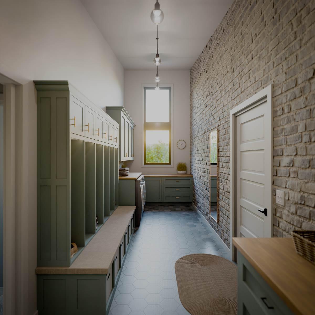 Laundry room with green lockers, built-in bench, hexagon tile floor, brick accent wall, and a tall window.