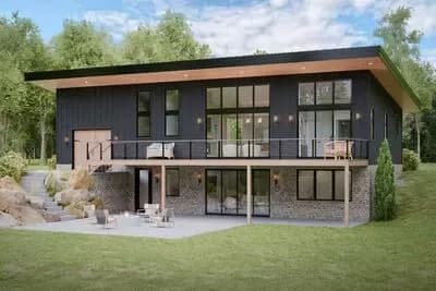 3-Bed Mountain Vacation House Plan with Sloping Lot Under 2000 Sq Ft