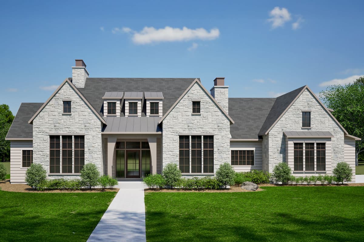 House plan exterior with stone veneer, multiple gables, dormers, and a covered entry. Features include a dark gray roof and large windows.