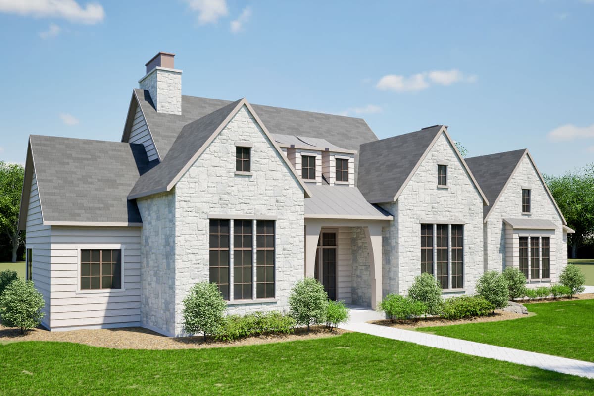 House plan exterior: Two-story Modern Farmhouse with stone facade, gabled rooflines, dormers, and covered entry.